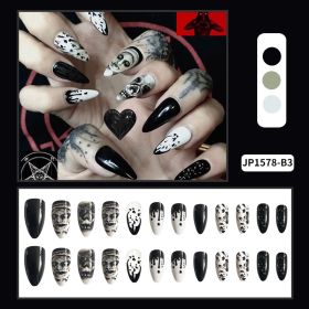 Long Almond Water Drop Fake Nail Patch Halloween Skull Wear Manicure (Option: JP1578 B3 Dark Punk Skull)